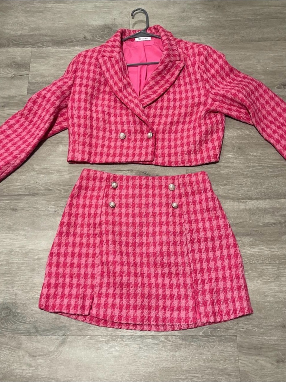 Cropped Pink Houndstooth Blazer with Matching Skirt Set